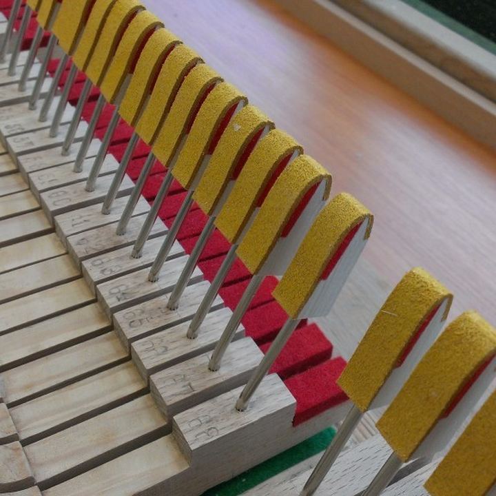 Marteaux et feutres neufs alignés sur la mécanique